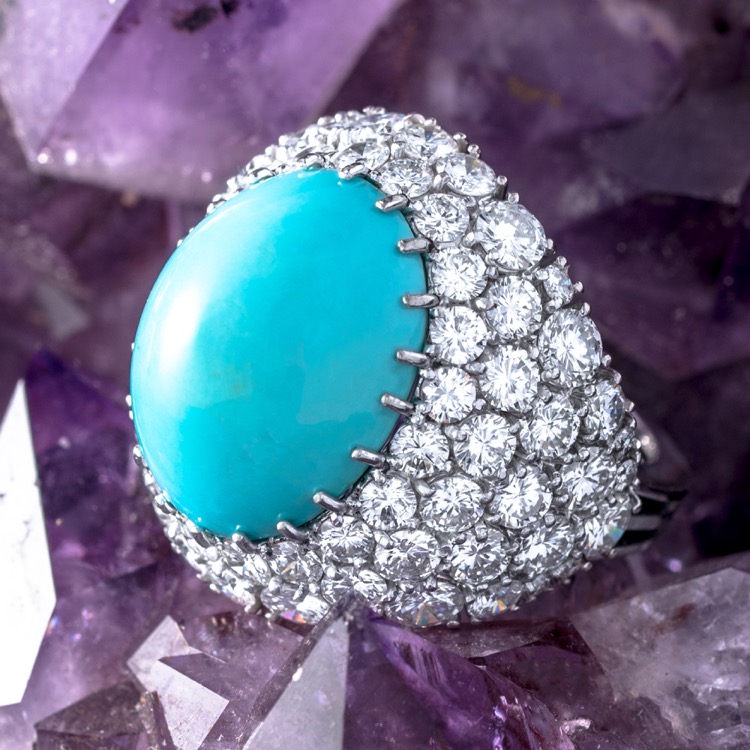 Turquoise and Diamond Ring, French, 18 Karat White Gold