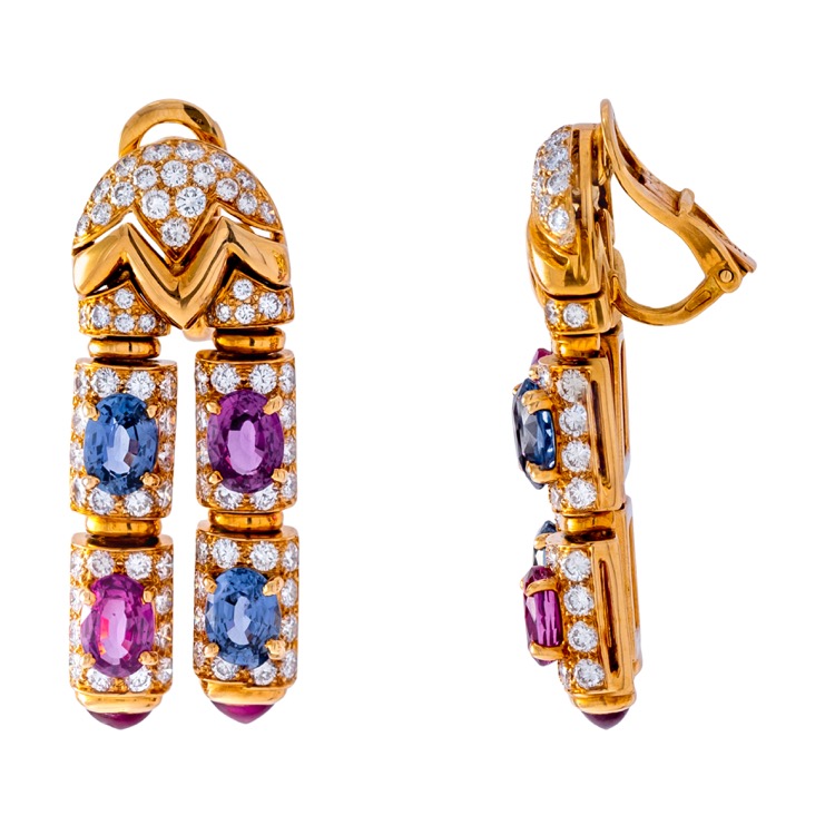 Bulgari Multi-Color Sapphire and Diamond Earrings, 18 Karat Yellow Gold