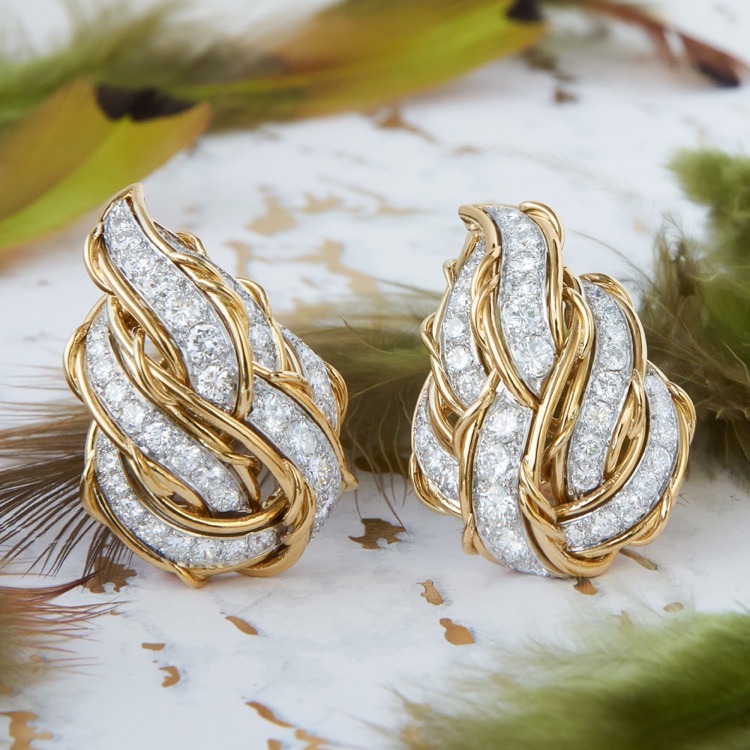 Andre Vassort Diamond Earrings, 18 Karat Yellow Gold and Platinum