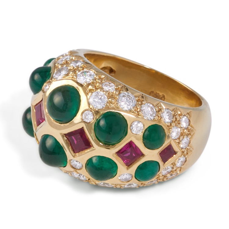 Emerald, Ruby and Diamond Ring, 18 Karat Yellow Gold