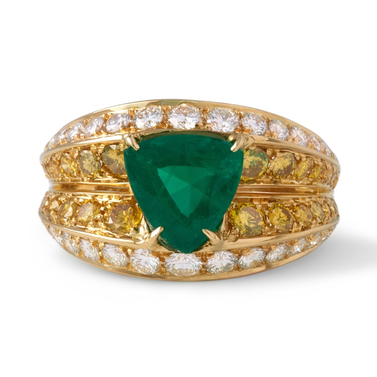Emerald and Yellow and White Diamond Ring by Alexander Reza