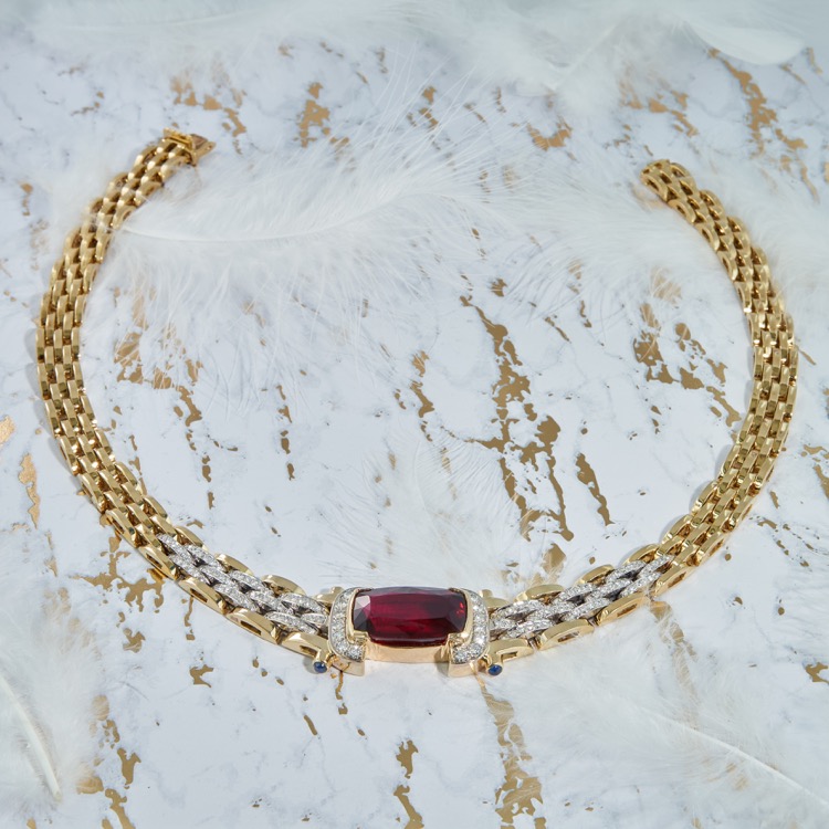 Red Tourmaline and Diamond Necklace, 18 Karat Yellow and White Gold