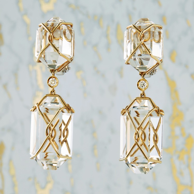 Verdura Herkimer Diamond and Diamond Yellow Gold Pendant Earrings