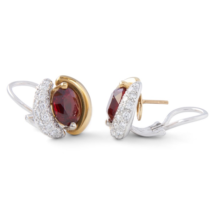 Pair of Burma No Heat Red Spinel and Diamond Earrings