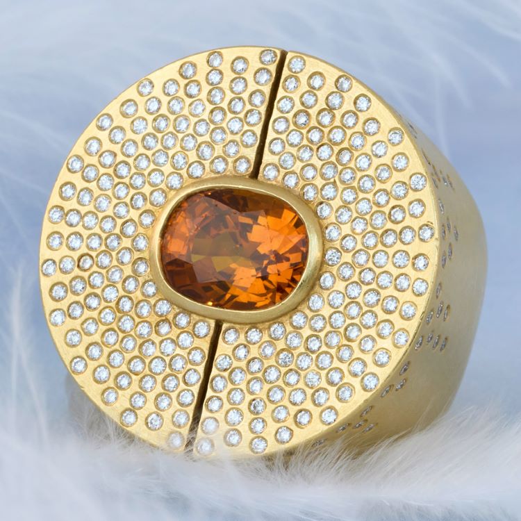 18 Karat Yellow Gold Orange Sapphire and Diamond Ring
