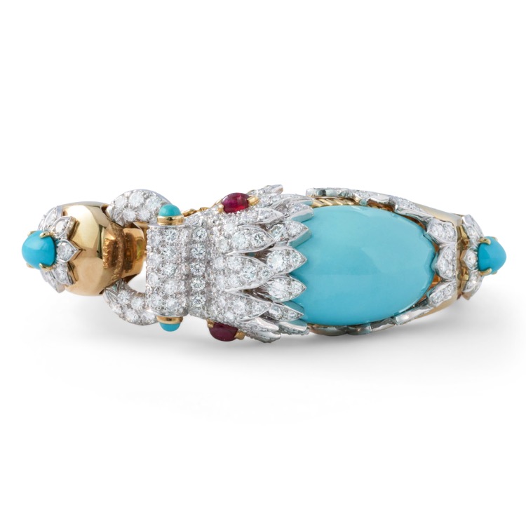 David Webb Turquoise and Diamond Chimera Bangle Bracelet