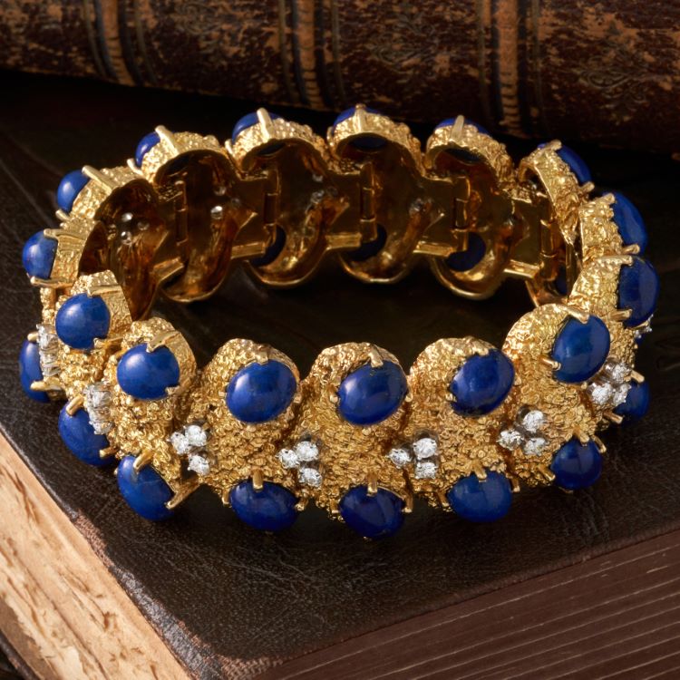 18 Karat Yellow Gold Diamond and Lapis Bracelet