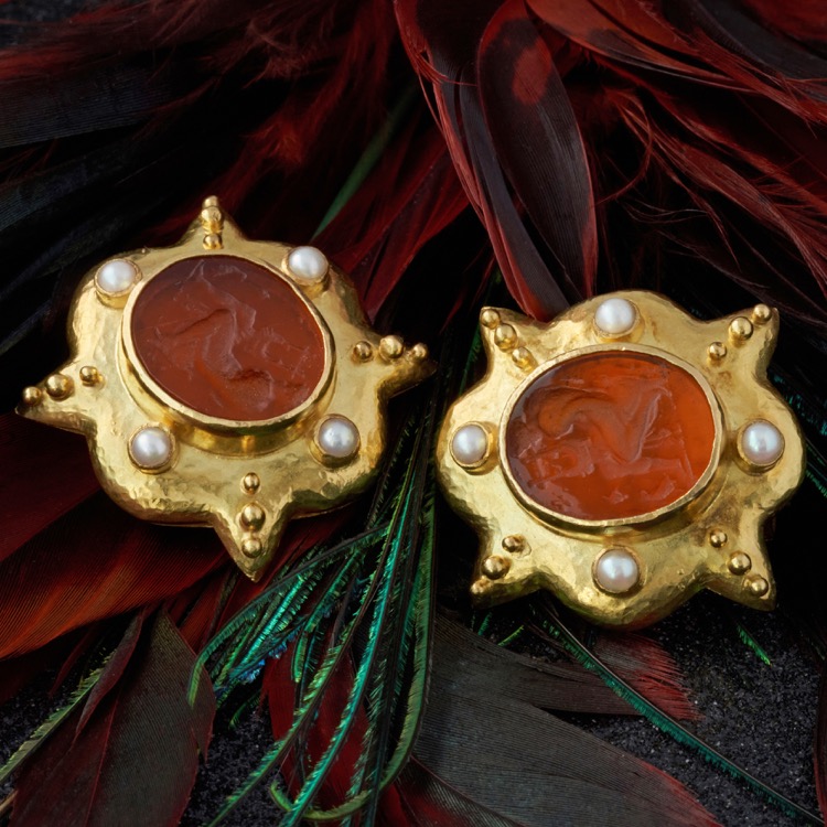 Elizabeth Locke Intaglio Glass and Pearl Earrings, 18 Karat Yellow Gold