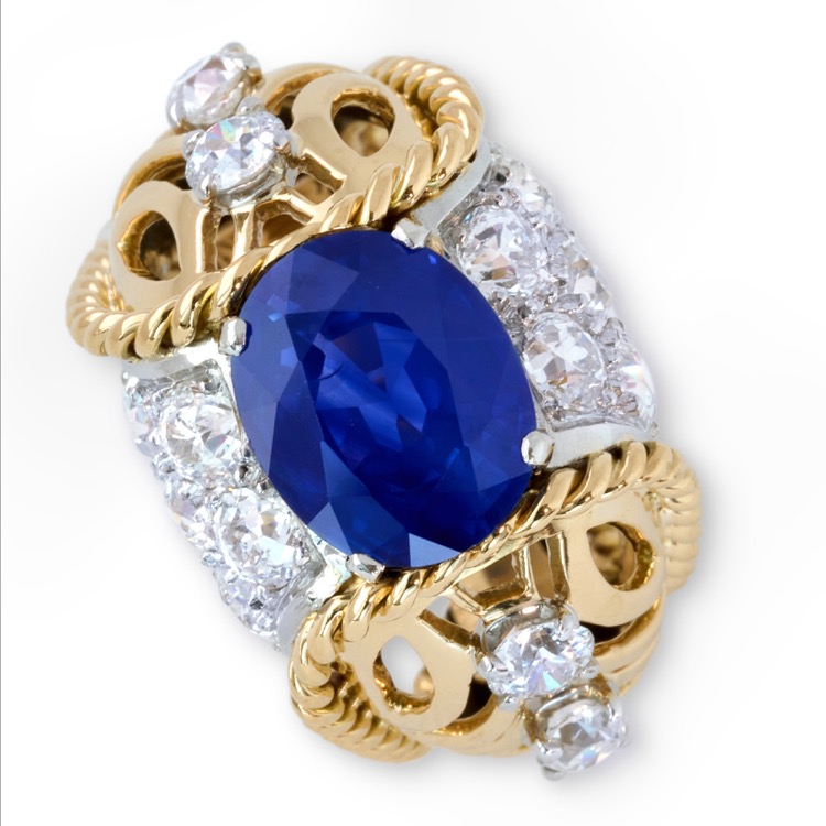 Retro Sapphire and Diamond Ring, 18 Karat Yellow Gold and Platinum