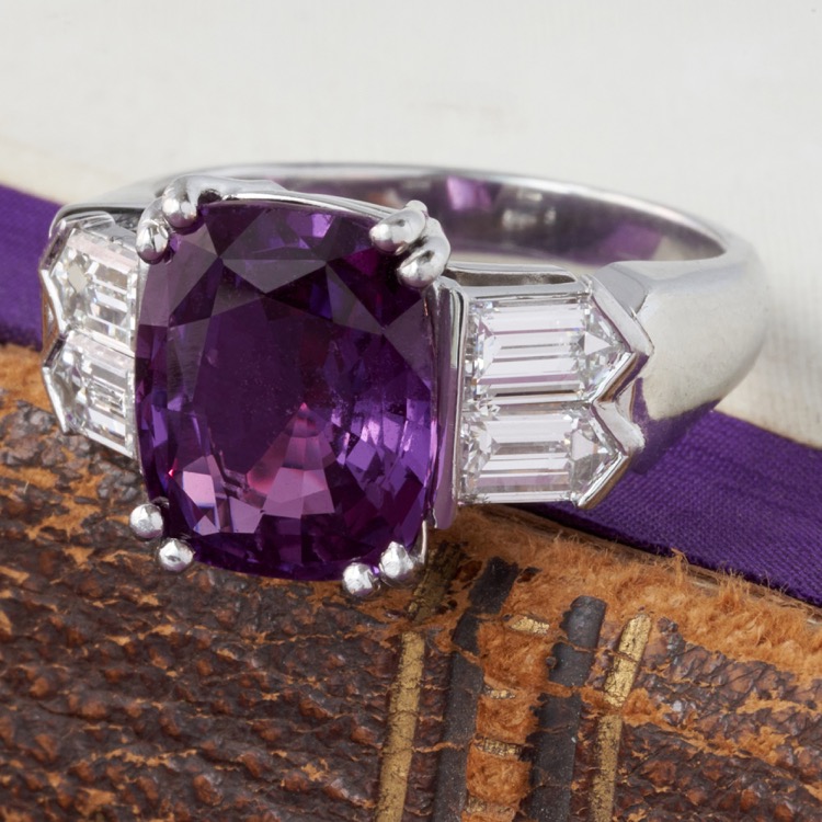 No Heat Purple Sapphire and Diamond Ring, Platinum
