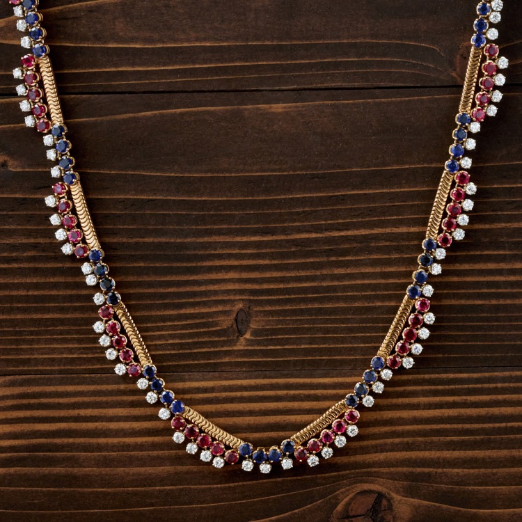 No Heat Burma Ruby and Sapphire Diamond Necklace, 18 Karat Yellow Gold, Italy