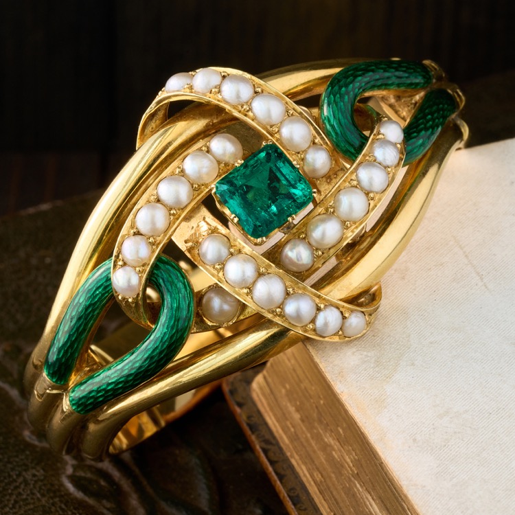 Antique Emerald, Pearl, and Enamel, Yellow Gold Bracelet, French