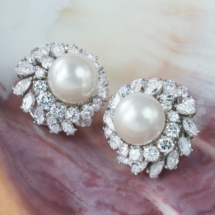 Pearl and Diamond Ear Clips, 18 Karat White Gold
