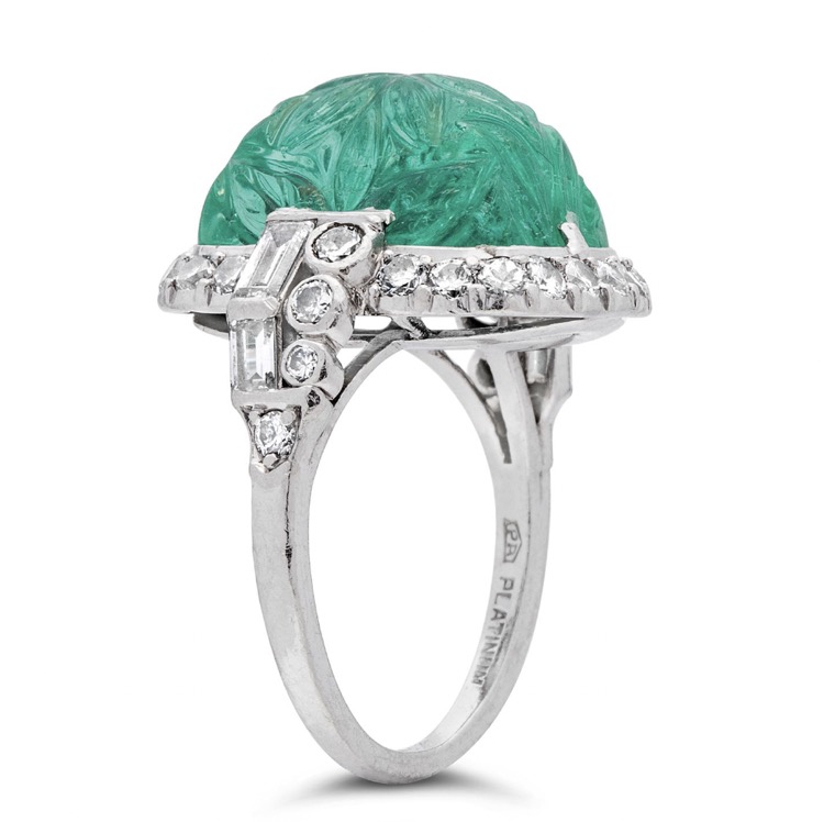 Art Deco Carved Emerald and Diamond Ring by Birks Ellis-Ryrie, Platinum