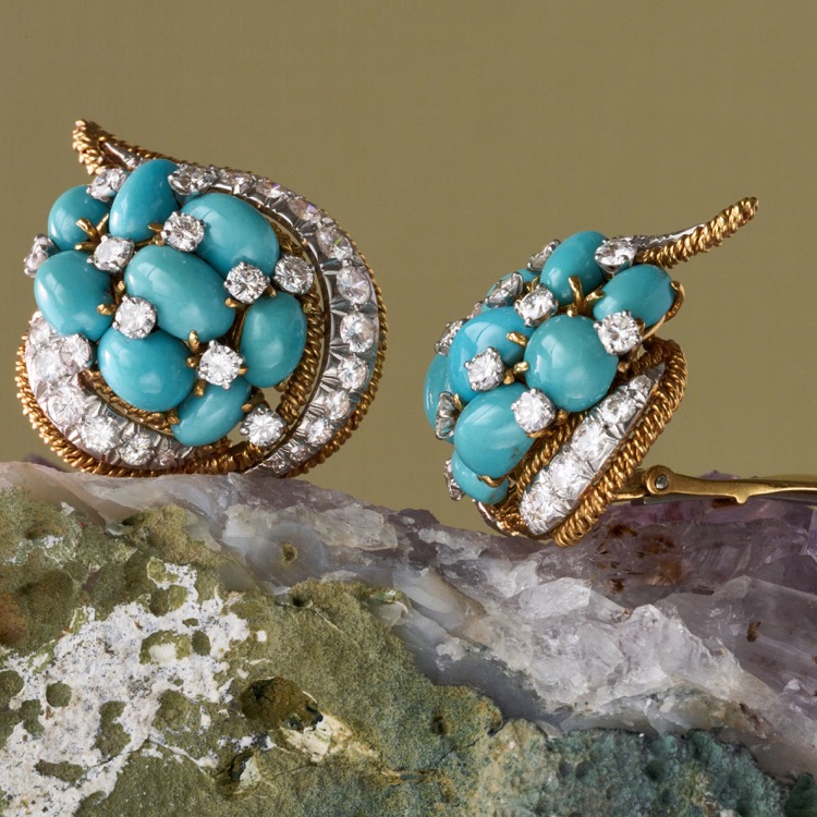 David Webb Turquoise and Diamond Earrings, 18 Karat Yellow Gold & Platinum