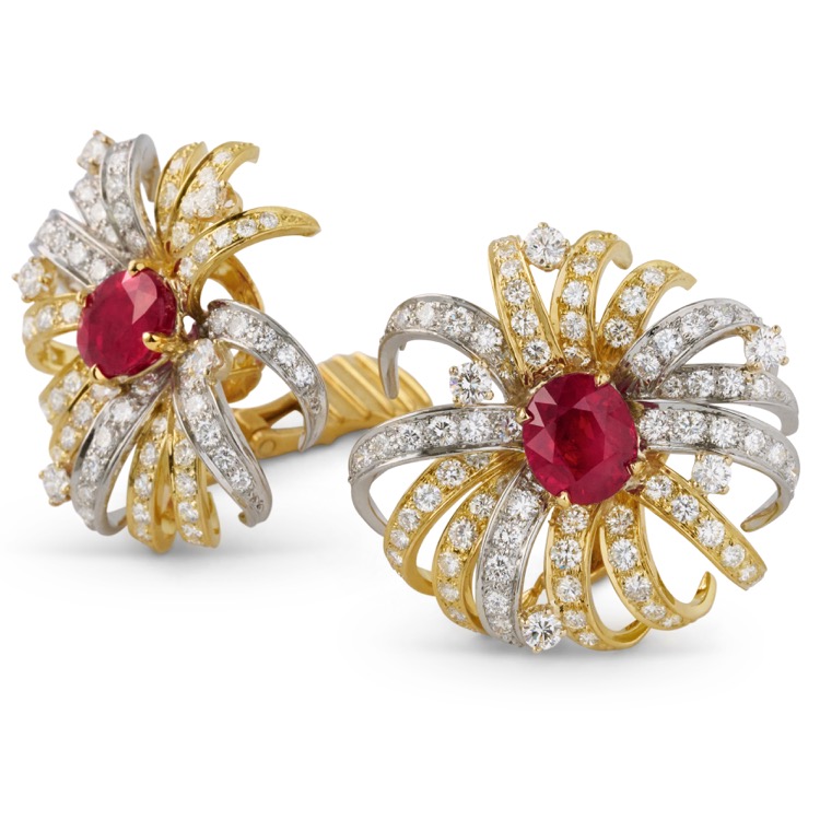 Pair of Schlumberger for Tiffany & Co Burma Ruby and Diamond Ear Clips