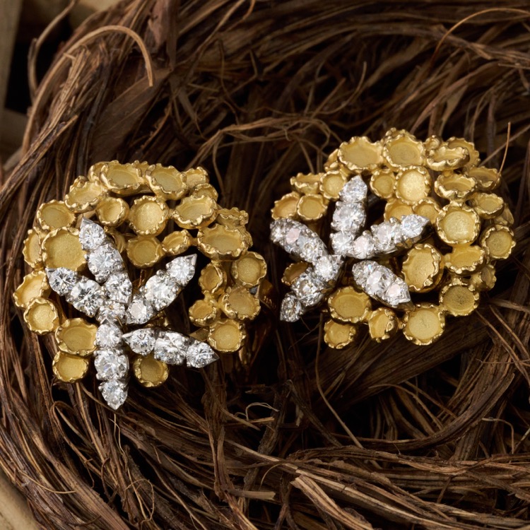 Vintage 18 Karat Yellow Gold and Platinum Diamond Earrings, French