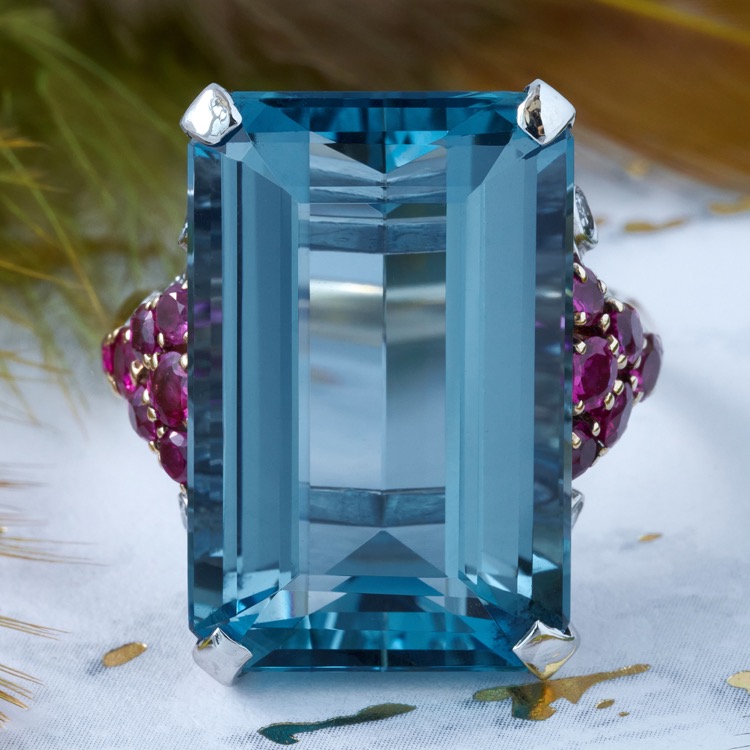 Retro Cartier Aquamarine, Ruby and Diamond Ring