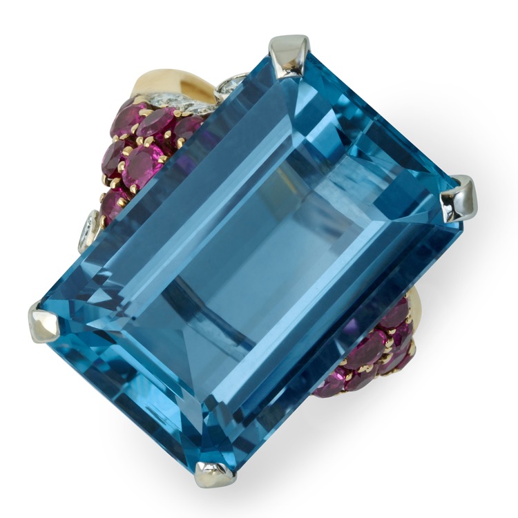 Retro Cartier Aquamarine, Ruby and Diamond Ring