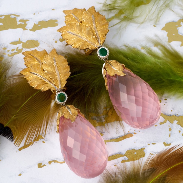 Buccellati Rose Quartz and Emerald Earrings, 18 Karat Yellow Gold