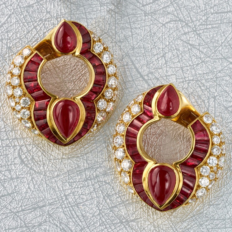 Bulgari Ruby and Diamond Ear Clips, 18 Karat Yellow Gold