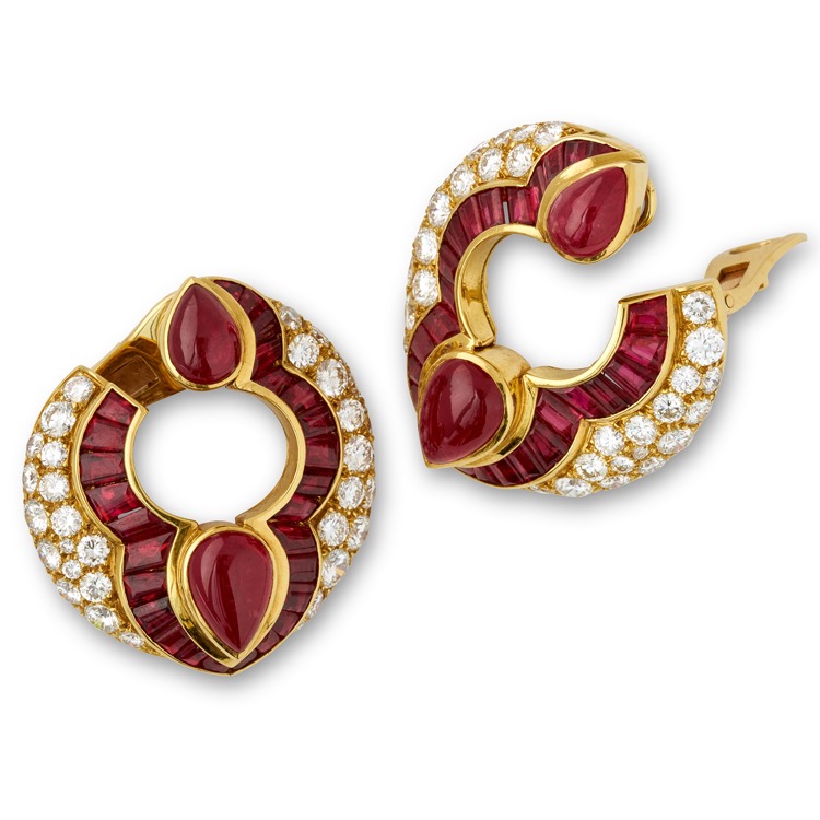 Bulgari Ruby and Diamond Ear Clips, 18 Karat Yellow Gold