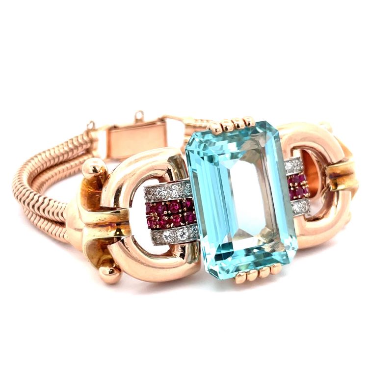 Retro Aquamarine, Ruby and Diamond Bracelet, 14 Karat Pink and Green Gold