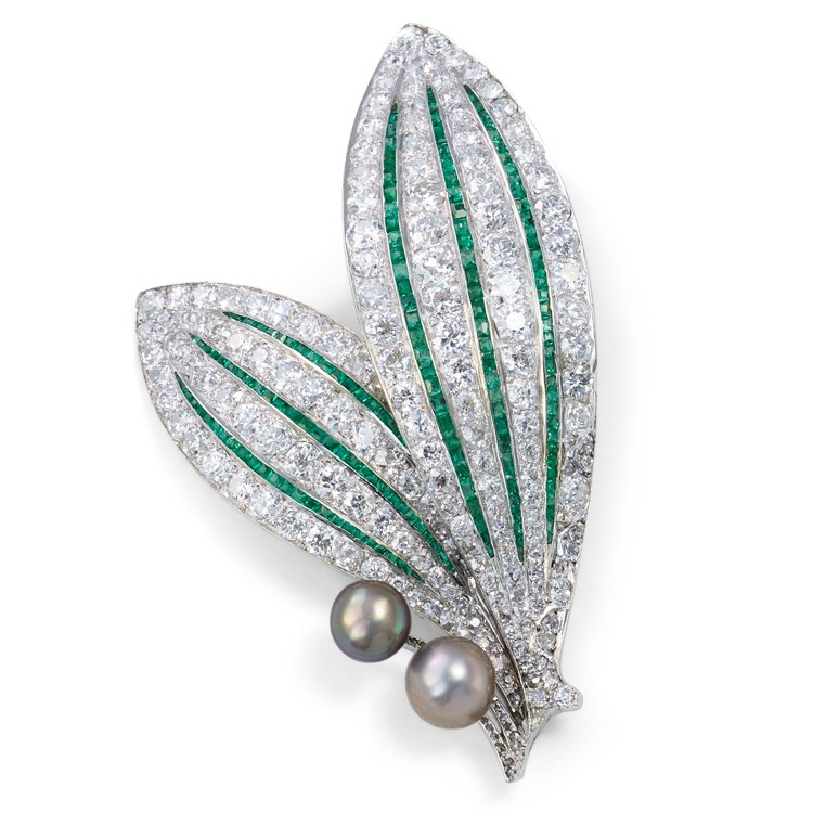 Art Deco Pearl, Diamond and Emerald Brooch, Platinum