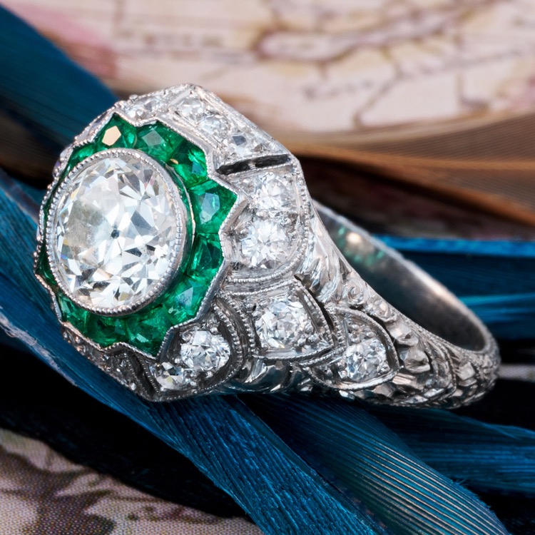 Art Deco Diamond and Emerald Ring, Platinum
