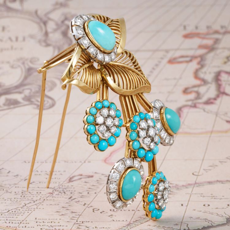 Turquoise and Diamond Brooch, 18 Karat Yellow Gold and Platinum, French
