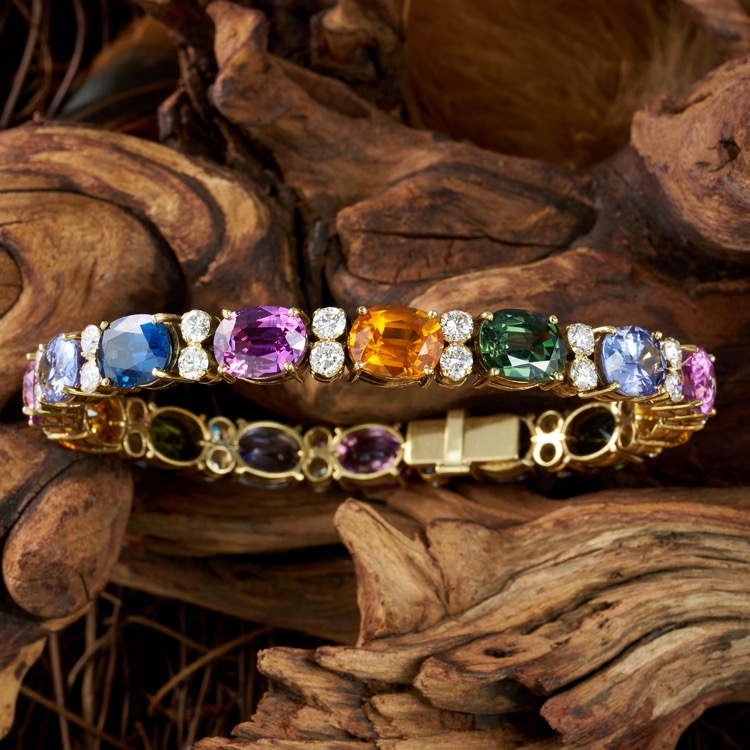 Multi-Color Sapphire and Diamond Bracelet, 18 Karat Yellow Gold