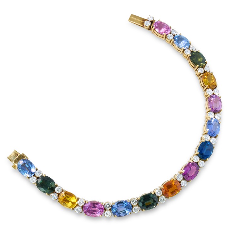 Multi-Color Sapphire and Diamond Bracelet, 18 Karat Yellow Gold