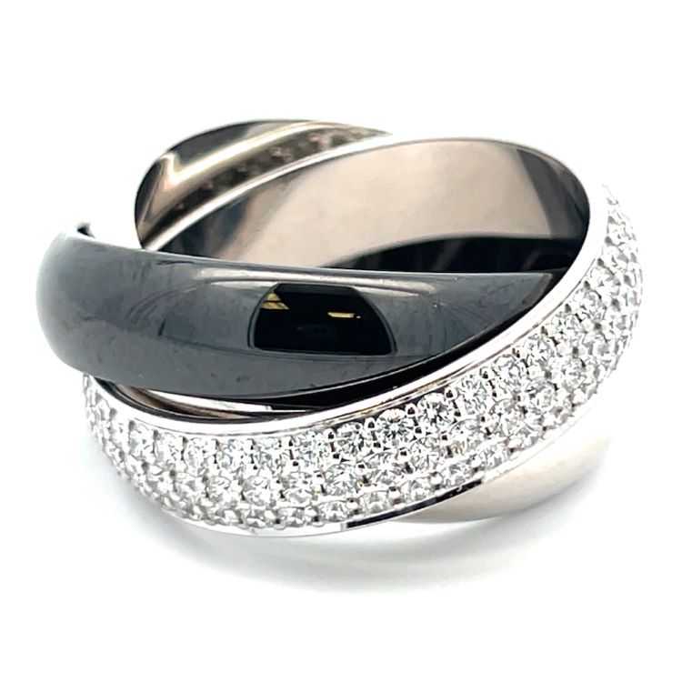 Cartier Diamond and Ceramic Trinity Ring, 18 Karat White Gold