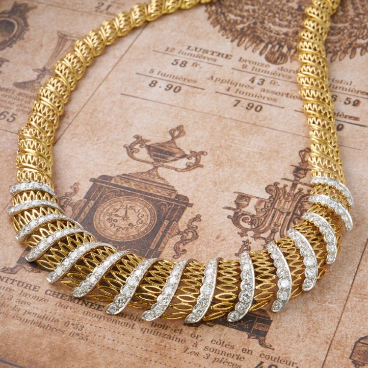 Sterlé Yellow Gold and Diamond Necklace, 14 Karat Yellow Gold and Platinum