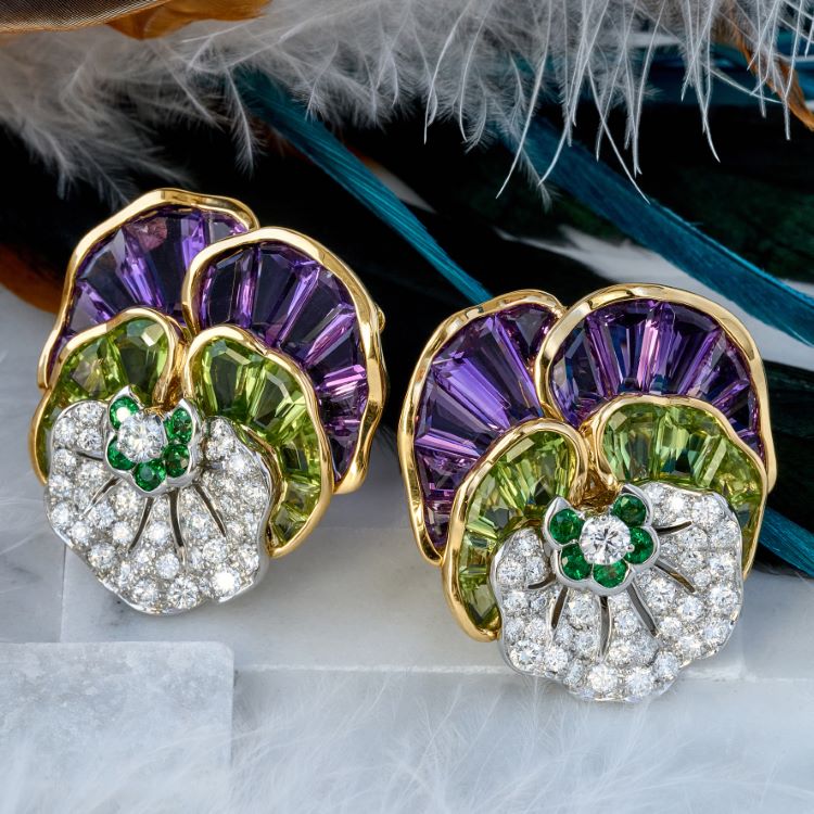 Oscar Heyman Brothers Multi-Gem and Diamond Pansy Earrings, 18 Karat Yellow Gold and Platinum