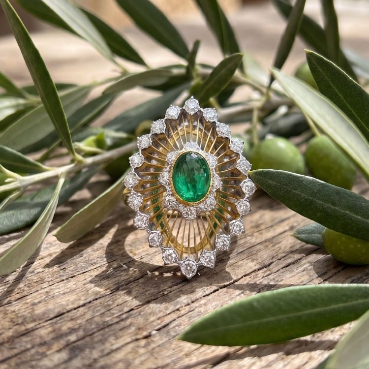 Buccellati Emerald and Diamond Ring, 18 Karat Yellow Gold