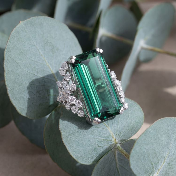 Green Tourmaline and Diamond Ring, 18 Karat White Gold