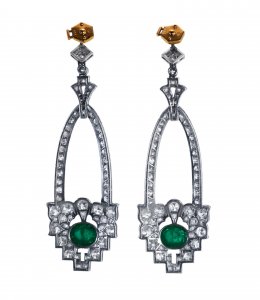 Pair of Art Deco, Platinum, Emerald and Diamond Earrings 
