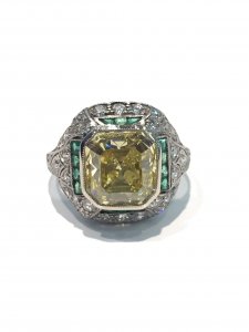 Art Deco Platinum Colored Diamond and Emerald Ring
