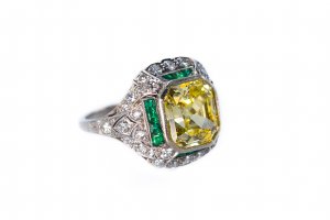 Art Deco Platinum Colored Diamond and Emerald Ring