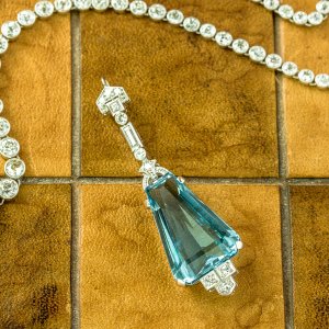 Art Deco Platinum Aquamarine and Diamond Pendant 