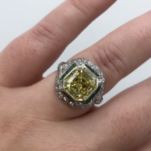 Art Deco Platinum Colored Diamond and Emerald Ring